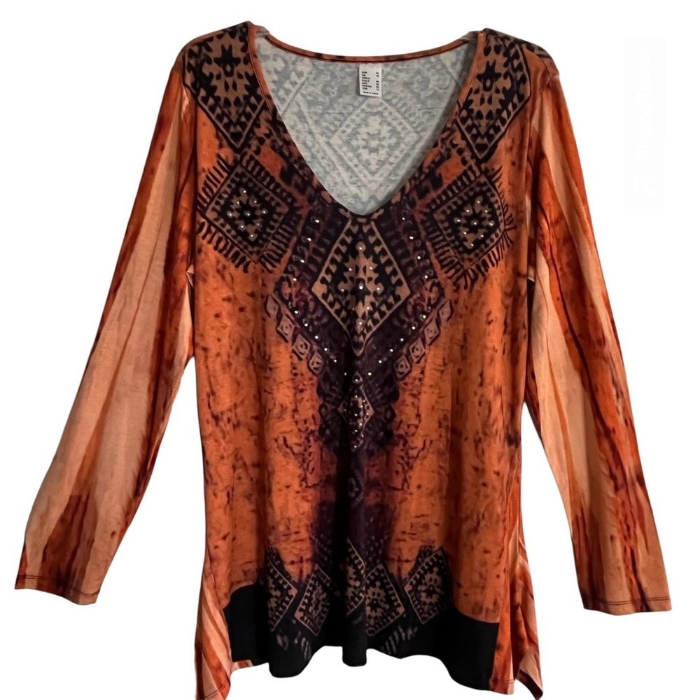 Festival Boho Goth Whimsy-Goth India Long Sleeve V-Neck Rhinestone Tunic Perfect